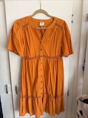 Orange Button-Front Crochet Dress